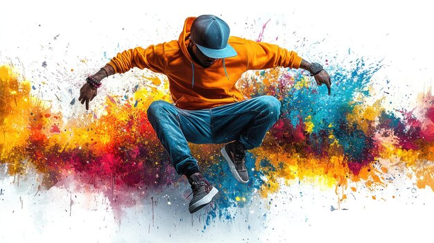 Young urban dancer is performing a jump in the air with a colorful city background