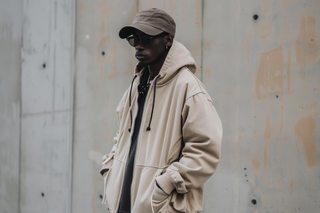 Young urban fashion model wearing a beige hoodie and a cap is posing in the street