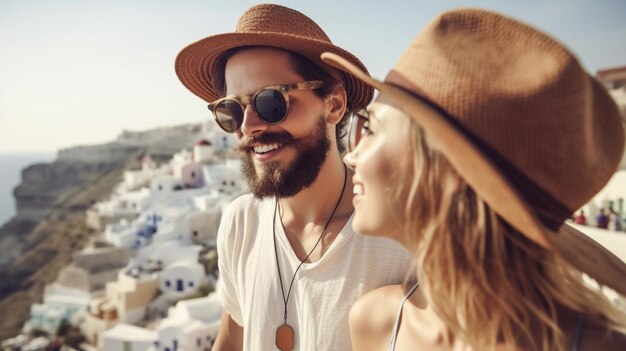 Young Vacationing Adult Caucasian Couple Enjoying The View From Santorini Greece Generatvie AI