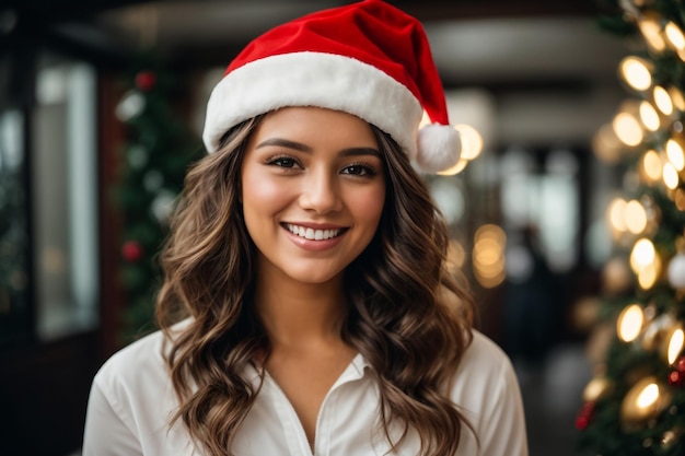 A young and very beautiful woman wearing a white outfit and a Santa Claus hat smiling charismatic