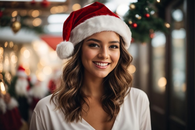 A young and very beautiful woman wearing a white outfit and a Santa Claus hat smiling charismatic