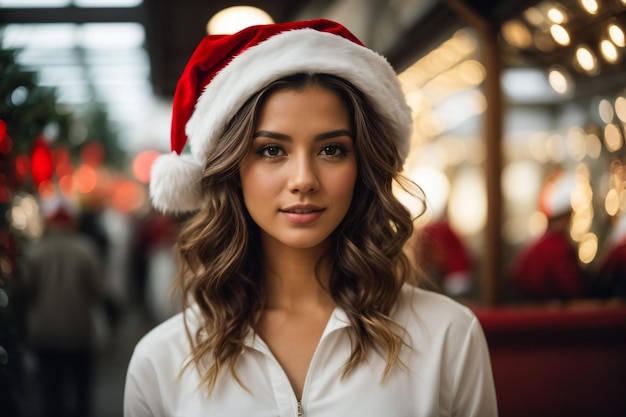 A young and very beautiful woman wearing a white outfit and a Santa Claus hat smiling charismatic