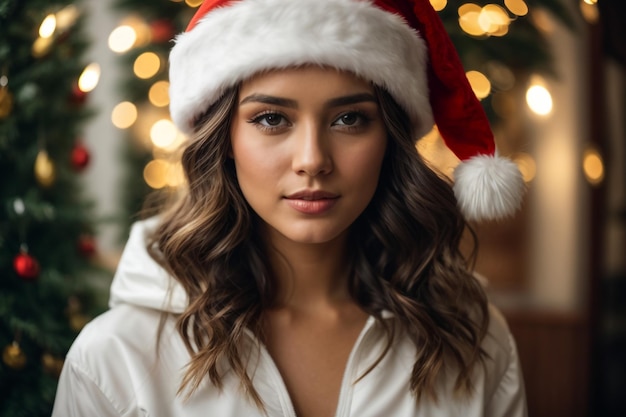 A young and very beautiful woman wearing a white outfit and a Santa Claus hat smiling charismatic