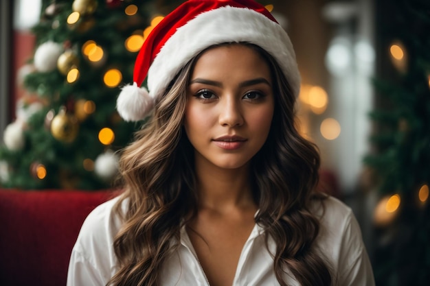 A young and very beautiful woman wearing a white outfit and a Santa Claus hat smiling charismatic