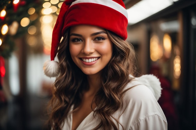 A young and very beautiful woman wearing a white outfit and a Santa Claus hat smiling charismatic