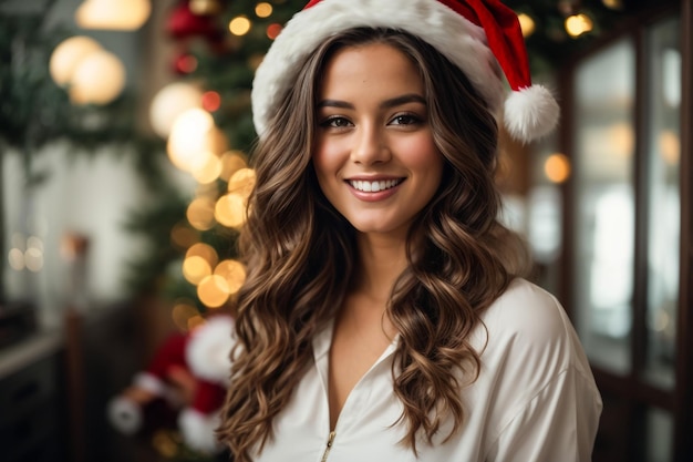 A young and very beautiful woman wearing a white outfit and a Santa Claus hat smiling charismatic