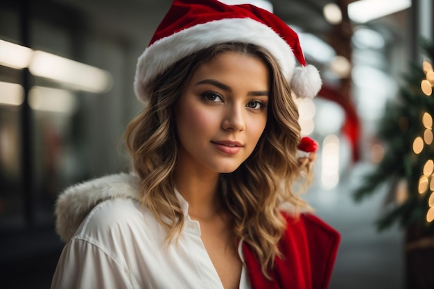 A young and very beautiful woman wearing a white outfit and a Santa Claus hat smiling charismatic