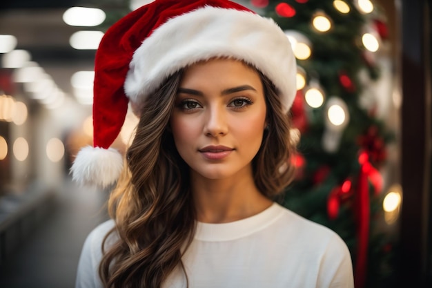 A young and very beautiful woman wearing a white outfit and a Santa Claus hat smiling charismatic