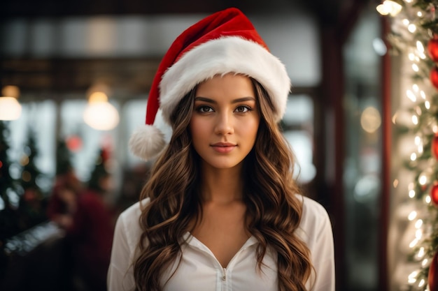 A young and very beautiful woman wearing a white outfit and a Santa Claus hat smiling charismatic