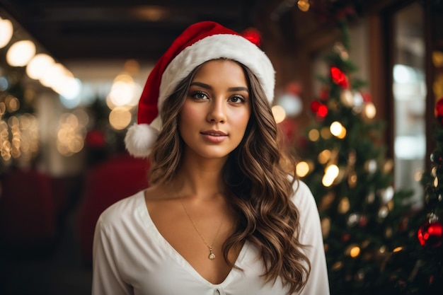 A young and very beautiful woman wearing a white outfit and a Santa Claus hat smiling charismatic