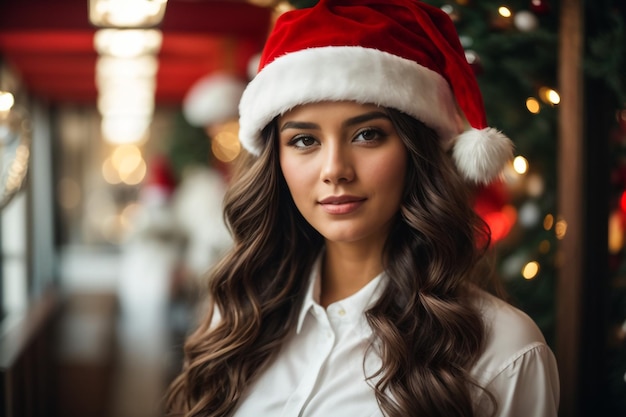 A young and very beautiful woman wearing a white outfit and a Santa Claus hat smiling charismatic