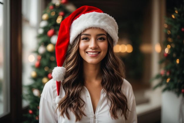 A young and very beautiful woman wearing a white outfit and a Santa Claus hat smiling charismatic