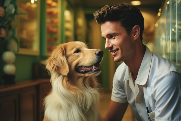 Young veterinarian next to a pet golden retriever concept of dog health treatment illness care