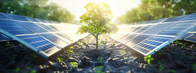 A young vibrant tree sprouting from the center of a field of solar panels symbolizing the growth o