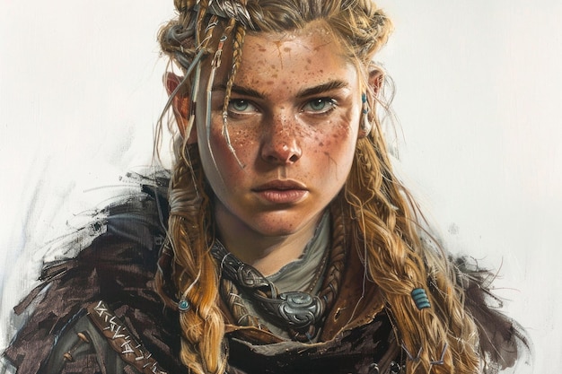 Young Viking maiden fierce and resolute on white backdrop