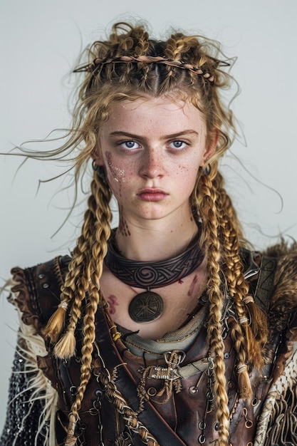 Young Viking maiden fierce and resolute on white backdrop