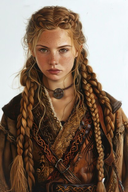 Young Viking maiden fierce and resolute on white backdrop