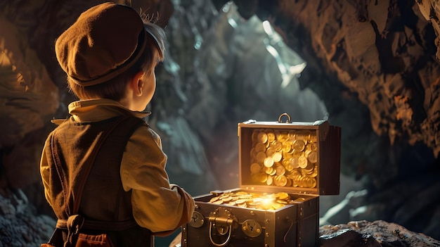 Young vintage Boy Discovers Chest of Hidden Treasure Under Sunlight in cave