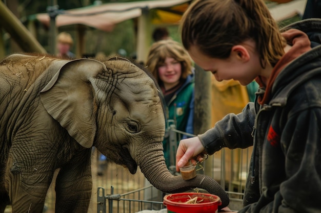 Photo a young volunteer feeds a baby elephant at a wildlife sanctuary volunteers playing with and caring for the animals