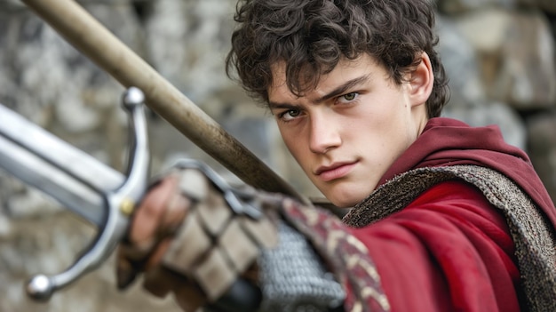 Photo a young warrior in a red cloak aims a crossbow showcasing determination and focus against a rugged stone background under natural light