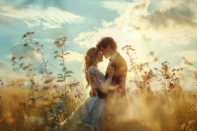 Young wedding couple on summer meadow