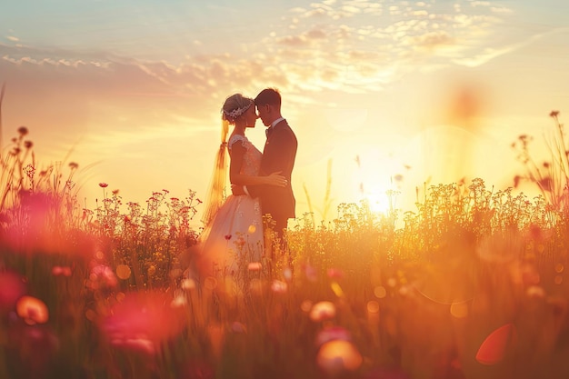 Young wedding couple on summer meadow