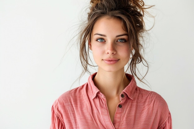 Young wellgroomed brunette woman in a pink shirt with a grimace isolated on white background