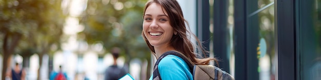 Young Western Woman Carrying a Backpack and Smiling