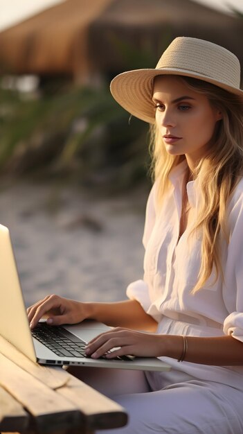 young white female working with her laptop on relaxing beachside atmosphere background