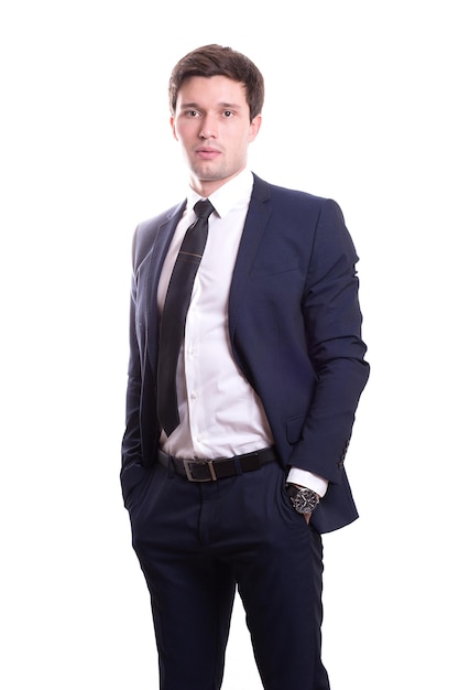 Young white handsome man in a shirt strict office suit stands isolated on a white background