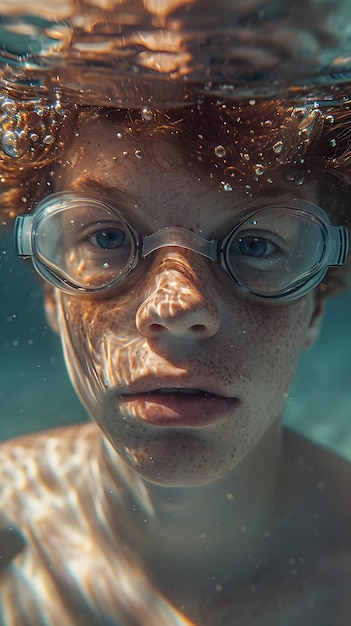 a young white male wearing swimming goggles