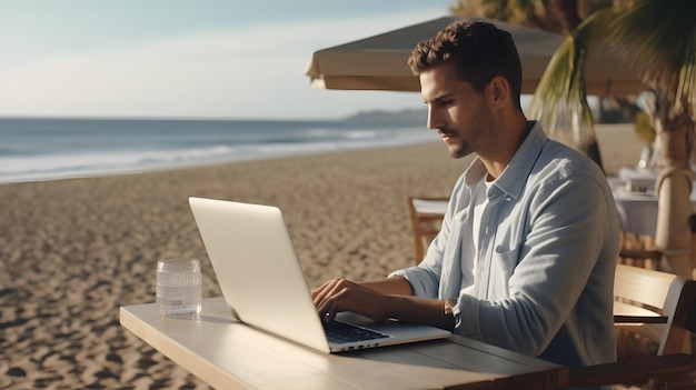 young white male working with his laptop on relaxing beachside atmosphere background