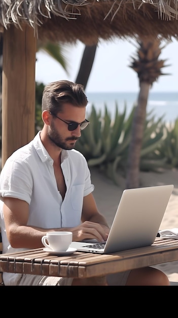 young white male working with his laptop on relaxing beachside atmosphere background