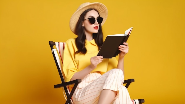 Young winner in summer clothing sits in deckchair holding passport ticket on a basic yellow background Generative AI