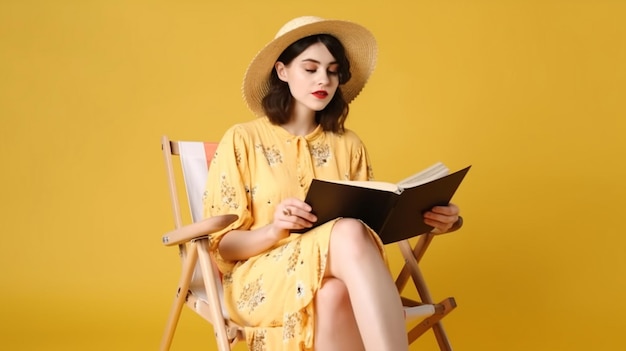 Young winner in summer clothing sits in deckchair holding passport ticket on a basic yellow background Generative AI