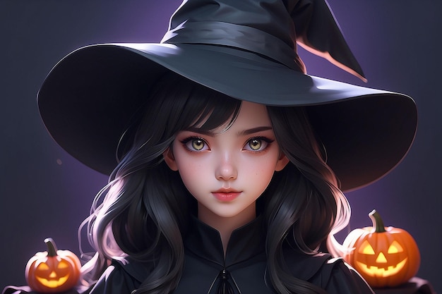 Young Witch Girl in Hat and Black Costume for Halloween