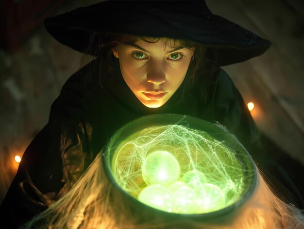 Photo young witch with glowing cauldron and orbs ai generative