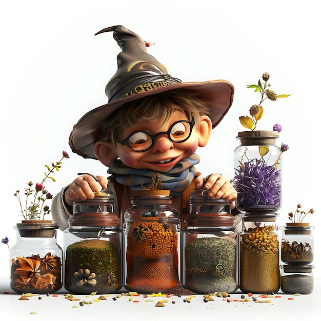 Photo a young wizard examines jars filled with magical ingredients