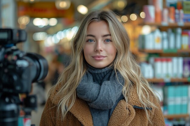 A young woman of 30 years old is filming a video blog Walks around the store and shows cosmetics