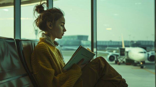 Young woman absorbed in thoughts with a book while waiting for her flight at the airport