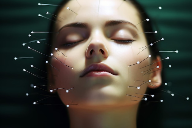 Young woman acupuncture face closeup Patient procedure Generate Ai