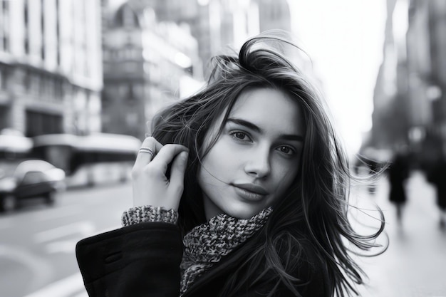 Young Woman Adjusting Her Hair on a Busy City Street at Dusk