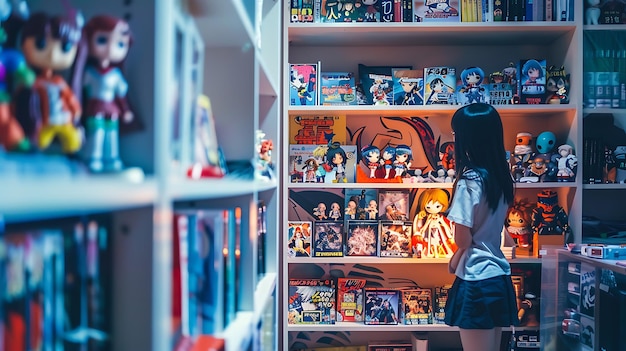 Young Woman Admiring Anime Figures and Manga on Bookshelves