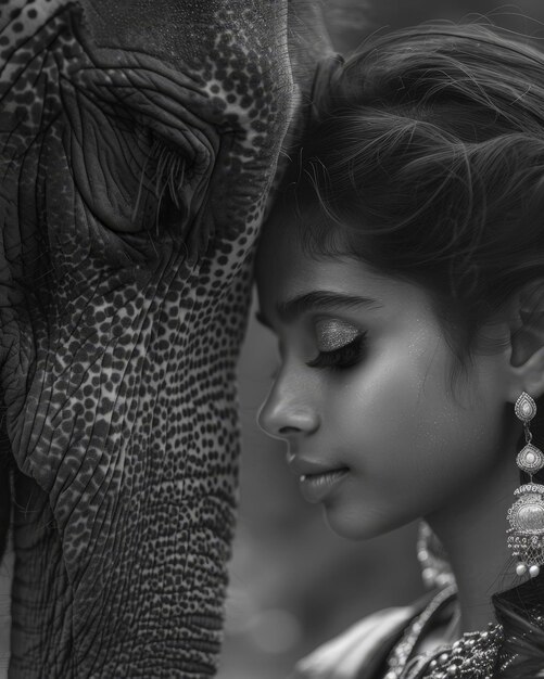 A young woman adorned in traditional Indian attire shares a tender moment with an elephant