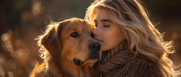 Young woman affectionately kissing golden retriever in sunlit room showcasing bond Concept Pets Emotions Bonding Love Relationships