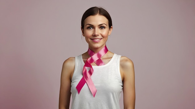 Young woman after chemotherapy holding pink ribbon on light background with space for text Breast cancer awareness concept