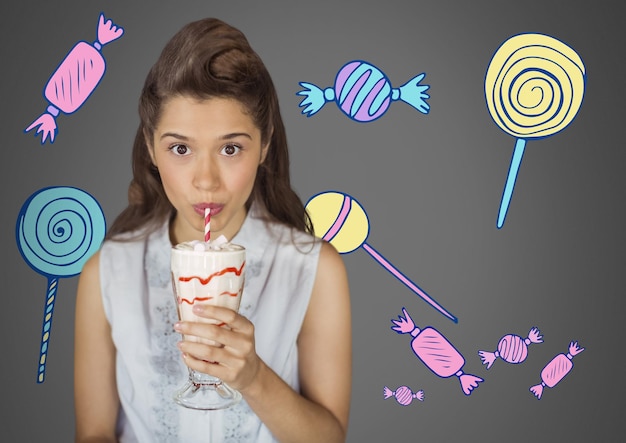 Young woman against grey background with creamy sweet drink and assortment of sweets illustrations