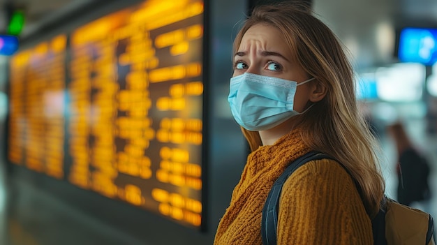 Photo young woman at airport wearing a mask and checking flight information