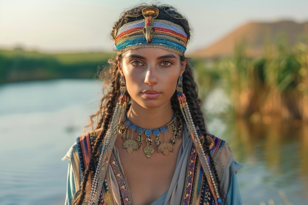 A young woman in ancient Egyptian attire standing by the Nile