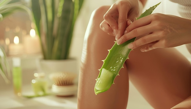 Photo young woman applying aloe gel onto leg in bathroom closeup